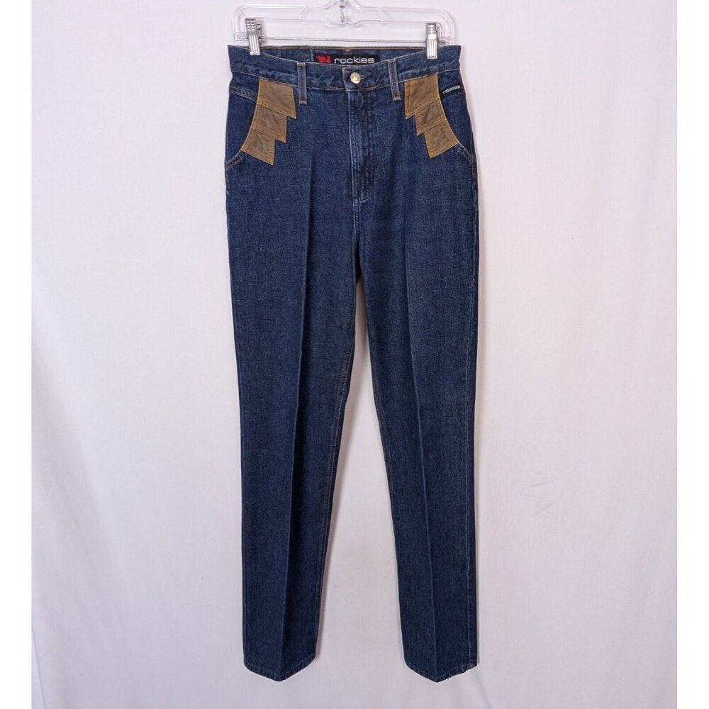 Vintage 90s ROCKIES 9/10 XL Western Leather Blue Jeans High Waist Cowgirl Rodeo